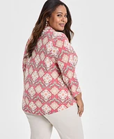 Jm Collection Plus Printed 3/4-Sleeve Top, Exclusively at Macy's