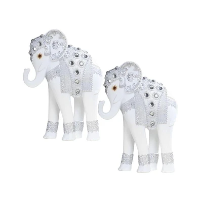 Fc Design "2-pc Set" 7"H Standing Long Legged Elephant with Decorative Gem Statue Slim Elephant in Silver Figurine Statue Ornament Home Room Office De