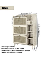 Natural Bohemia Style Shoe Cabinet, Shoe Rack Cabinet with 3 Rattan Flip Drawers,3 Square Shelves and 1 Storage Drawer, Shoe Organizer with Mulit Stor