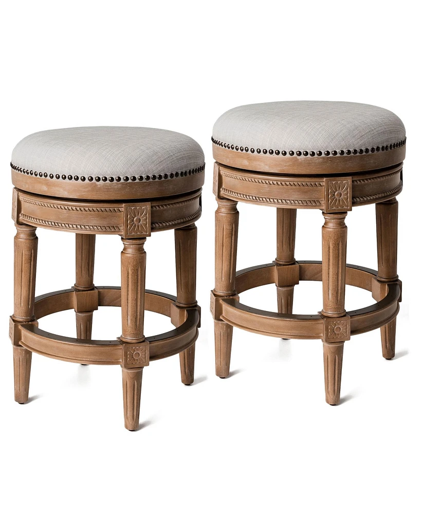 Maven Lane Pullman Backless Counter Stool in Weathered Oak Finish w/ Sand Color Fabric Upholstery, Set of 2