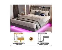 gaomon Queen Size Floating Bed Frame with Led Lights, Upholstered Platform Queen Bed Frame with Charging Station & Storage Headboard