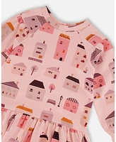 Deux par Baby Girls Printed French Terry Dress Pink And Coral Houses