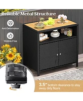 Gouun Rattan Storage Cabinet with Acacia Wood Countertop for Poolside Deck and Patio