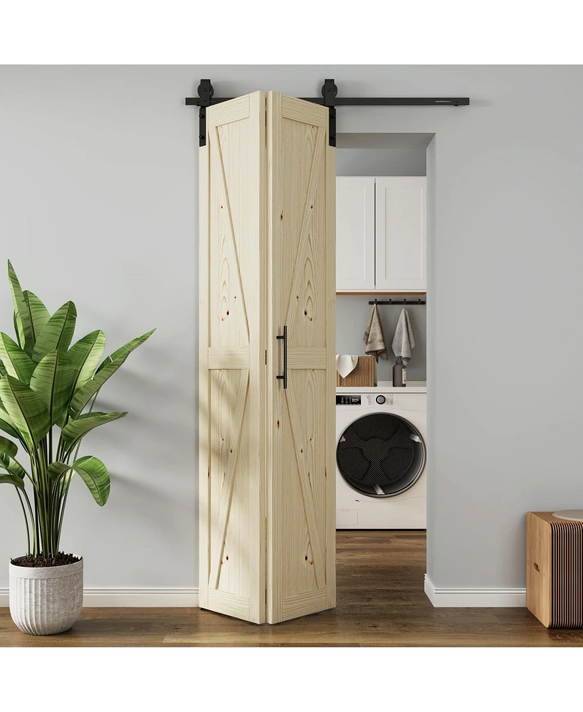 Solid Core Natural Wood Pine Bi-fold Door with Sliding Hardware Kit