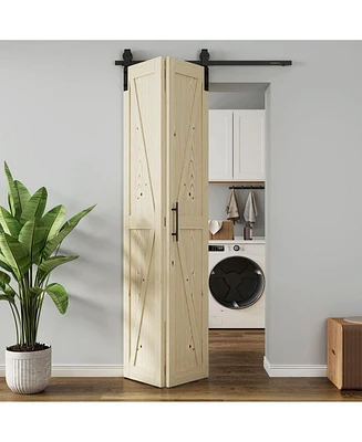 Solid Core Natural Wood Pine Bi-fold Door with Sliding Hardware Kit