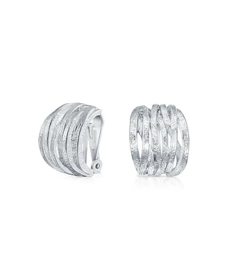 Bling Jewelry Fashion Open Criss Cross Basket Weave Wide Half Hoop Clip On Earrings For Women Non Pierced Ears Matte Silver Plated