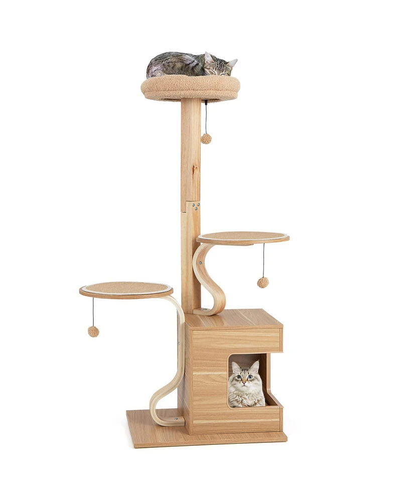 Gymax Wooden Cat Tree 51'' Tall Cat Tower w/ Cat Condo Plush Top Perch Jumping Platforms