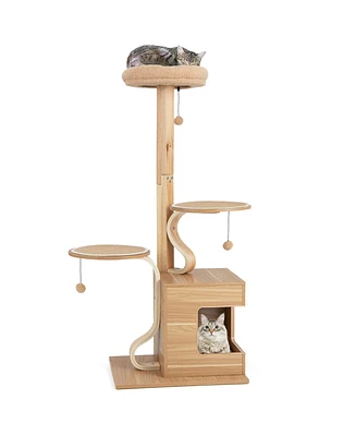 Gymax Wooden Cat Tree 51'' Tall Cat Tower w/ Cat Condo Plush Top Perch Jumping Platforms