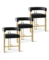 Maison Boucle Set of 3 Faux Leather Counter Stools–Curved Armrests, Gold Legs, Modern Design for Kitchen & Bar-Maison Boucle