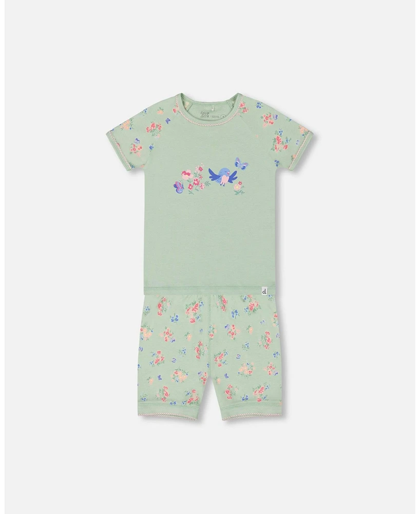 Deux par Baby Girls Organic Cotton Two-Piece Short Pajama Set Small Pink And Blue Flowers On Light Sage