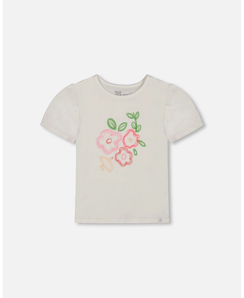 Deux par Big Girls Cotton Tee With Puff Sleeve Pink Flower On White Background