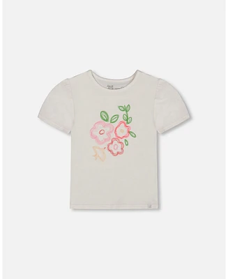 Deux par Big Girls Cotton Tee With Puff Sleeve Pink Flower On White Background