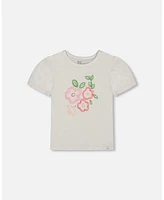 Deux par Big Girls Cotton Tee With Puff Sleeve Pink Flower On White Background