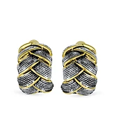 Bling Jewelry Half Hoop Shrimp Style Two Tone Woven Cable Braided Dome Weave Clip On Earrings Non Pierced Ears Oxidized Silver Gold Plated Brass