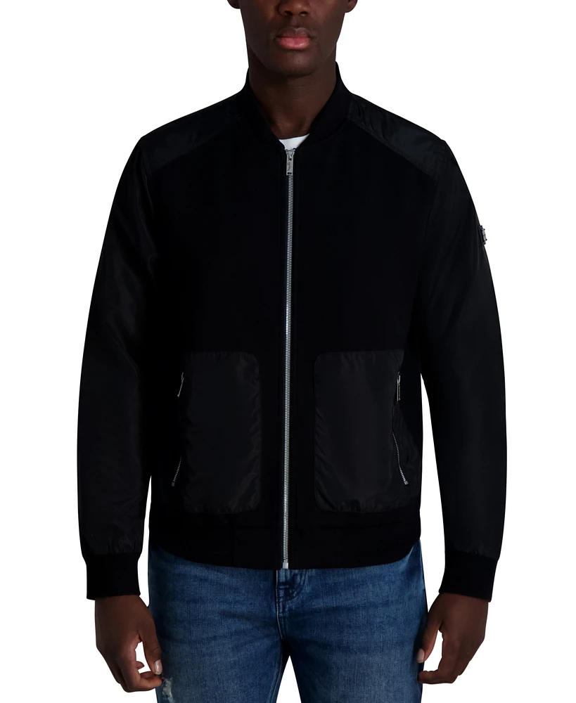 Karl Lagerfeld Paris Men's Relaxed Fit Zip-Front Mixed-Media Bomber Jacket