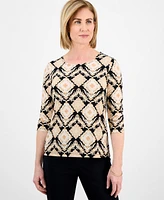 Jm Collection Petite Adriana Azulejos 3/4-Sleeve Jacquard Top, Exclusively at Macy's