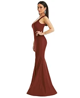 Cynthia & Sahar Women's Square Neck Stretch Satin Mermaid Dress with Slight Train