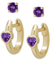 Amethyst (5/8 ct. t.w.) 2-Pc. Set Stud & Heart Hoop Earrings Set in 14K Gold over Sterling Silver