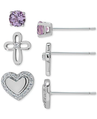 3-Pc. Set Amethyst (3/8 ct. t.w.) & Lab Grown White Sapphire (1/2 ct. t.w.) Solitaire, Cross & Heart Stud Earrings in Sterling Silver