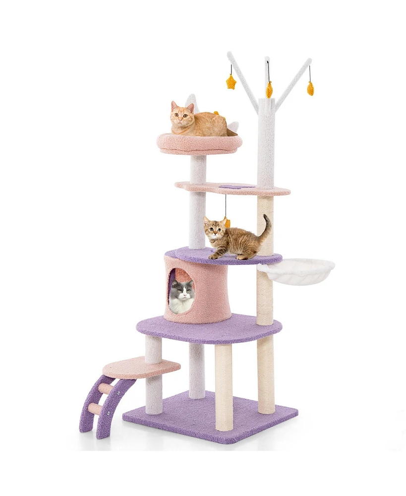 Gymax 62'' Cute Purple Cat Tree Tower w/ Ladder Sisal Covered Scratching Posts Indoor