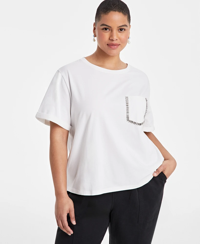 On 34th Trendy Plus Rhinestone-Trim Pocket T-Shirt, Exclusively at Macy's