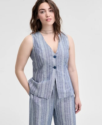 And Now This Women's Striped Sleeveless Double-Button Vest, Exclusively at Macy's