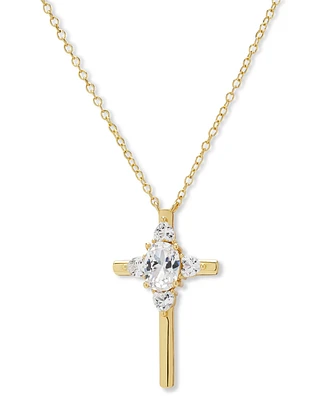 Macy's Lab Grown White Sapphire (3/8 ct. t.w.) Cross Pendant 18" Necklace in 14k Gold Over Sterling Silver