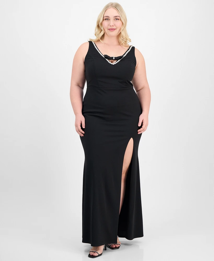 City Studios Trendy Plus Rhinestone-Trim V-Neck Sleeveless Gown