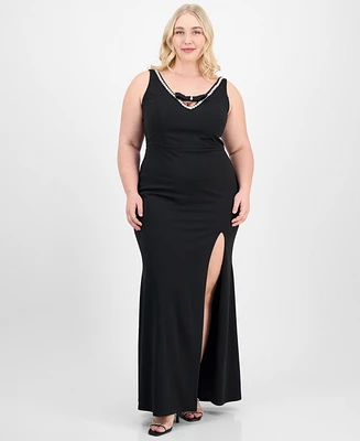 City Studios Trendy Plus Rhinestone-Trim V-Neck Sleeveless Gown