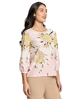 Jones New York Women's Pleat-Neck 3/4-Sleeve Floral-Print Top