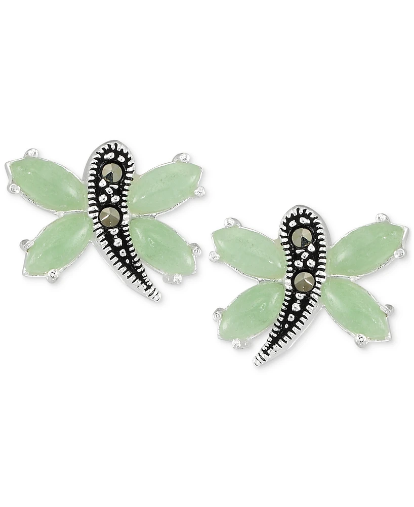 Marcasite & Jade Butterfly Stud Earrings in Sterling Silver