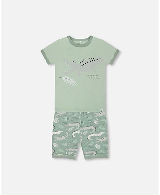 Deux par Baby Boys Cotton Two-Piece Short Pajama Set Light Sage And Gray Crocodile