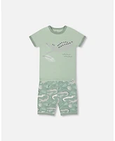 Deux par Baby Boys Cotton Two-Piece Short Pajama Set Light Sage And Gray Crocodile