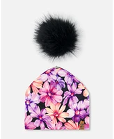 Deux par Deux Baby Girls Printed Jersey Detachable Pompom Hat Black With Pink And Orange Flowers