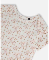 Deux par Baby Girls Organic Cotton Pointelle Onesie Printed White And Pink Flowers