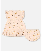 Deux par Baby Girls Printed Cotton Dress And Bloomer Set Peach With Pears