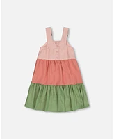 Deux par Big Girls Tiered Color Block Peasant Dress Peach Pink And Green