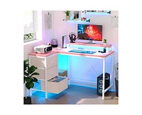 gaomon L Shaped Desk with Power Outlets & Led Lights, Computer Desk with Drawers & Shelves