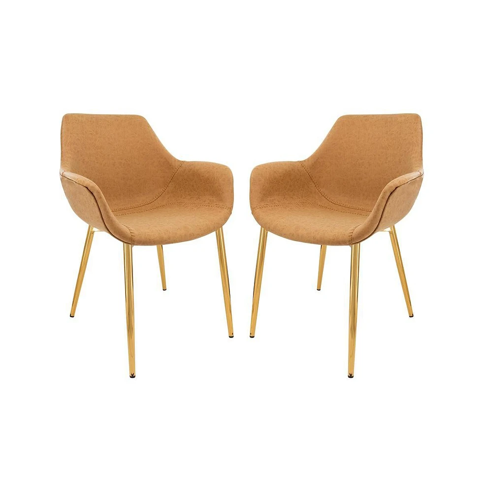 LeisureMod Markley Modern Leather Dining Arm Chair With Gold Metal Legs Set of 2
