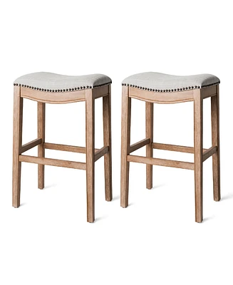 Maven Lane Adrien Saddle Bar Stool in Weathered Oak Finish w/ Sand Color Fabric Upholstery, Set of 2