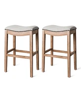 Maven Lane Adrien Saddle Bar Stool in Weathered Oak Finish w/ Sand Color Fabric Upholstery, Set of 2