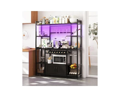 gaomon 55" 7-in-1 Versatile Baker's Rack with Rgb Led Lighting, 4 Ac Outlets & 2 Usb Ports, 10 Hooks, Wine Rack, Wire Basket, and Metal for Kitchen