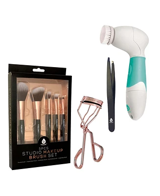 Pursonic Beauty Essentials Bundle - Advanced Facial and Body Cleansing Brush, Studio Makeup Brush Set, Slant Tip Tweezer, and Eyelash Curler