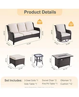 Xizzi Outdoor Swivel Rocking Chairs Set, Patio Furniture Set with 50,000 Btu Rectangular Propane Fire Pit Table, 7 Pieces High Back Conversation Sofa