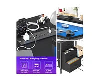 gaomon L Shaped Desk with Power Outlets & Led Lights, Computer Desk with Drawers & Shelves