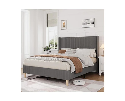 gaomon King Size Bed Frame, Upholstered Platform Corduroy Bed Frame with Vertical Channel Tufted Wingback Headboard, Strong Wooden Slats