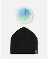 Deux par Girl Black Solid Jersey Detachable Multicolored Pompom Hat - Toddler|Child