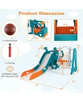Kuyotq 5-in-1 Kids Slide and Swing Set with Mini Bus and Basketball Hoop