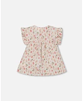 Deux par Toddler Girls Printed Seersucker Blouse With Frills Pink Flowers On Cream Background - Toddler|Child