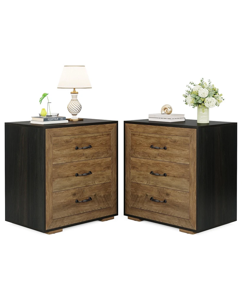 Tribesigns Nightstand Set of 2, Traditional Side Table with 3 Drawers, Tall Wood Bedside Table for Bedroom, Dorm and Small Spaces